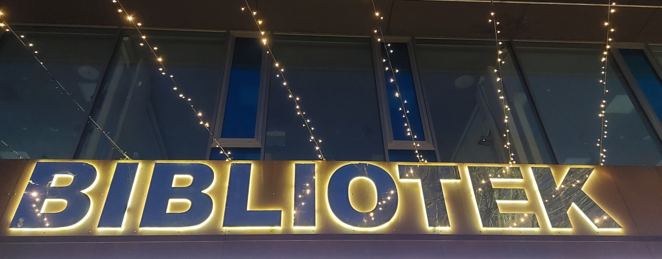 Biblioteksfacade med julelys